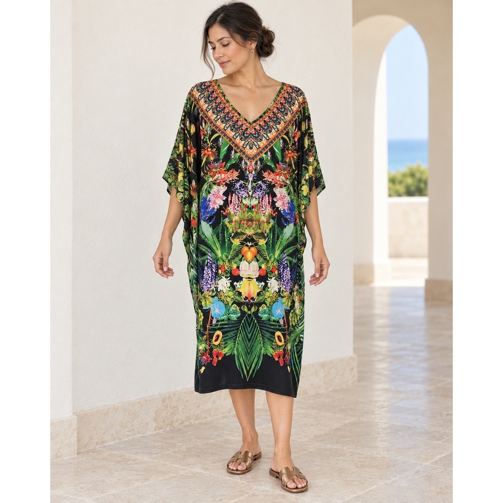 Spicy Sugar Resortwear M Kaftan Dress Floral Tropical Black Green Pullover